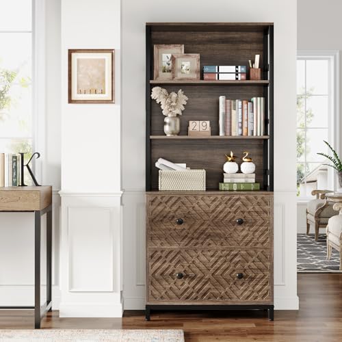 Brown 2-Drawer File Cabinet with 3 Open Storage Shelves I35284