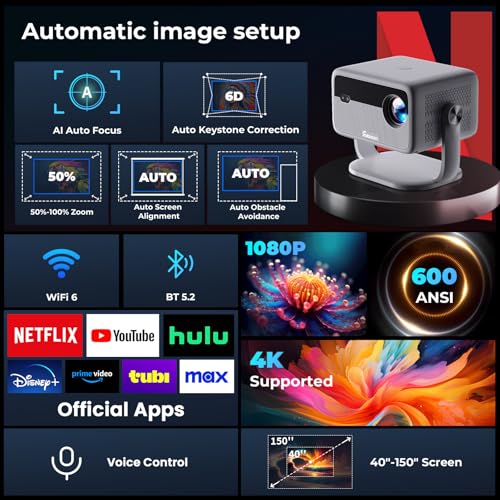 Smart Projector with WiFi and Bluetooth, 600 ANSI Native 1080P, 360° Rotation 4K Support D563173