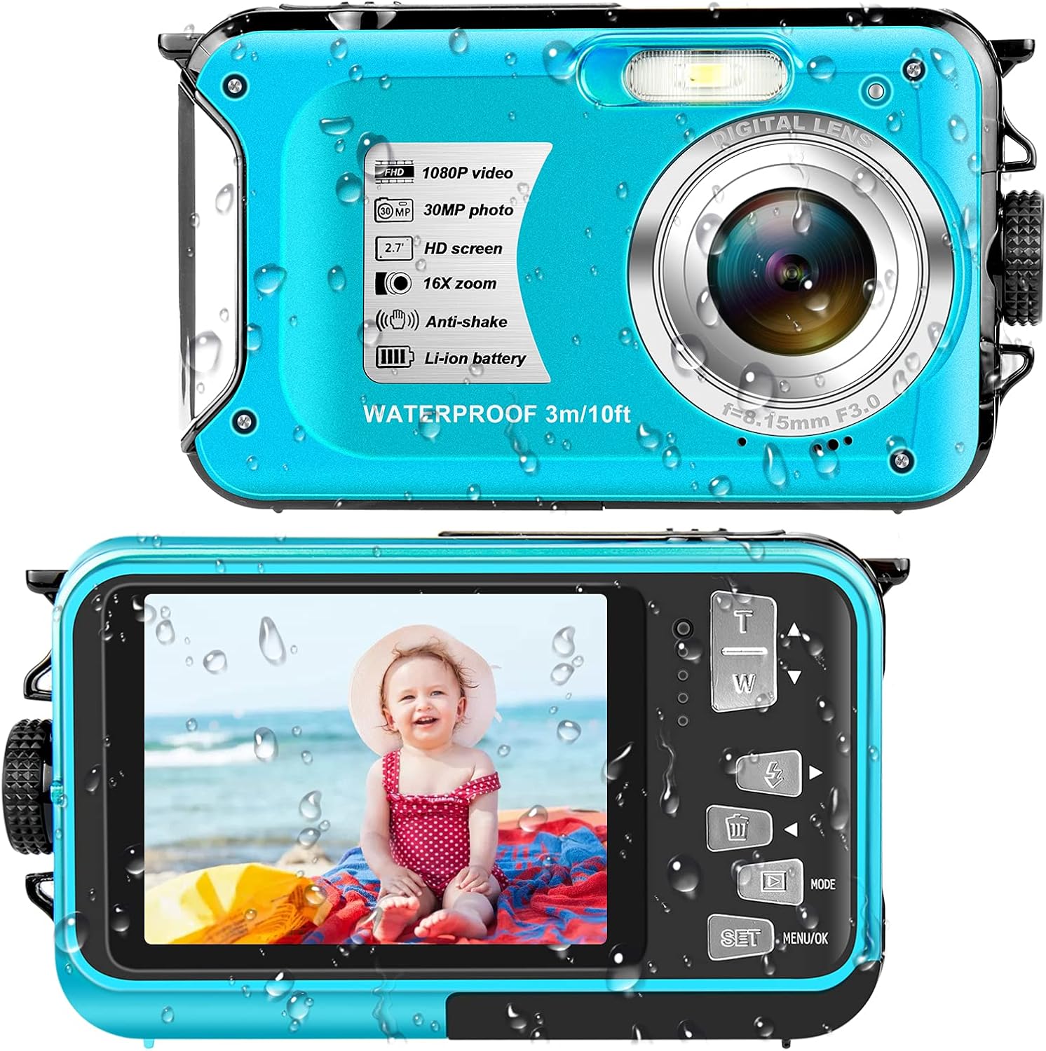 Full HD 1080P 30MP Waterproof Digital Camera 10FT, 16X Digital Zoom, Pack of 2 Y2279