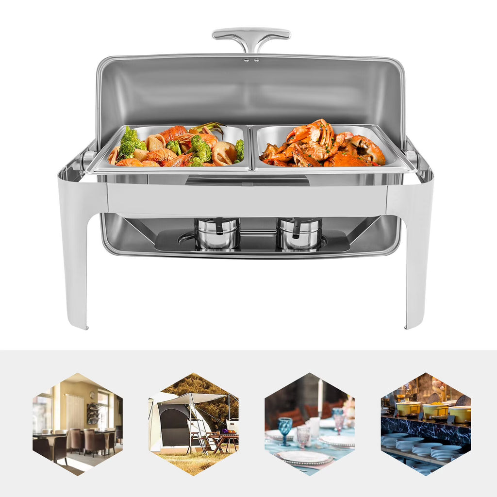 Silver Stainless Steel Chafer Buffet Chafing Dish Set Roll Top Food Warmer U456