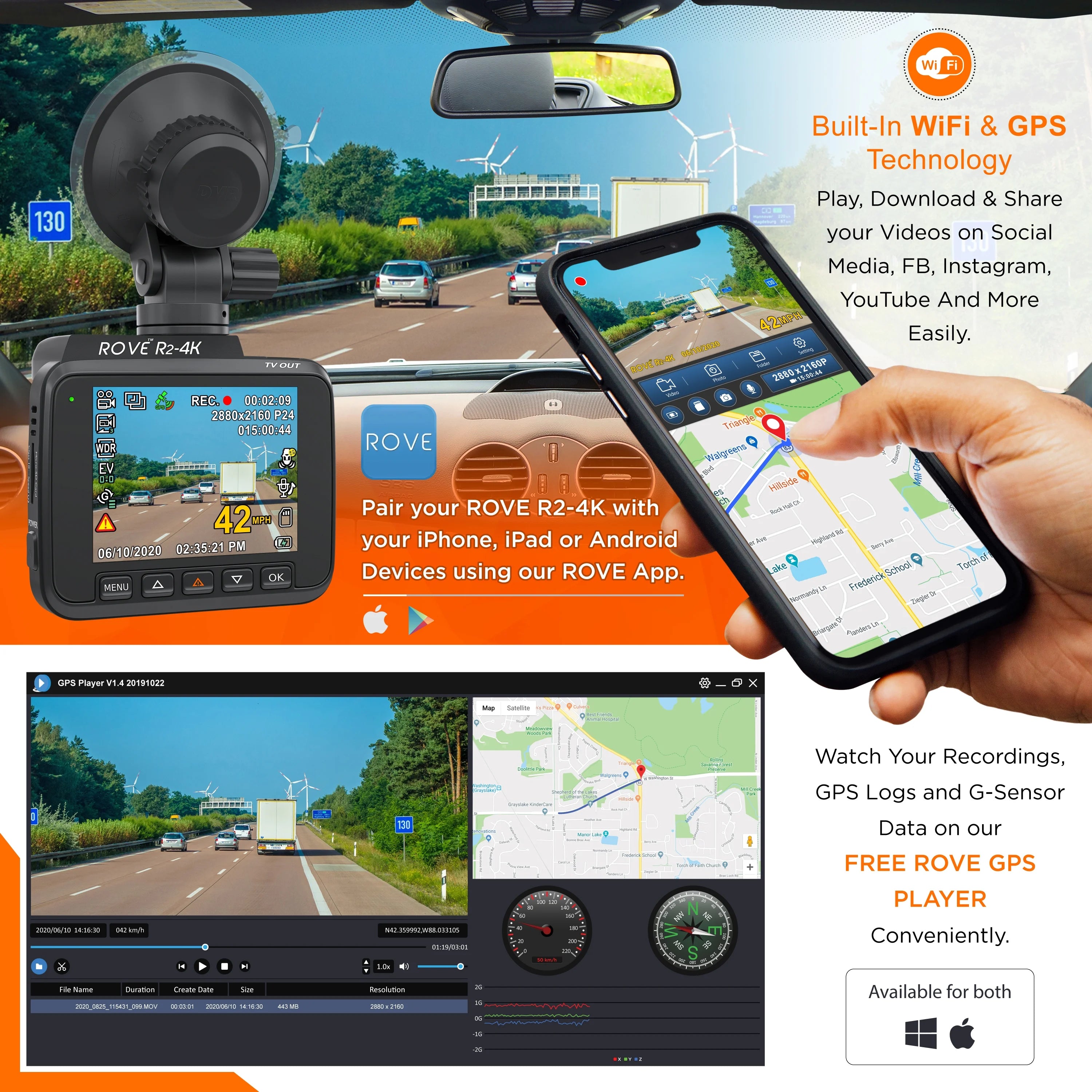 R2-4K Dash Cam with Built-in WiFi GPS, UHD 2160P, 2.4" LCD Display, 150° Wide Angle, WDR, Night Vision J9875