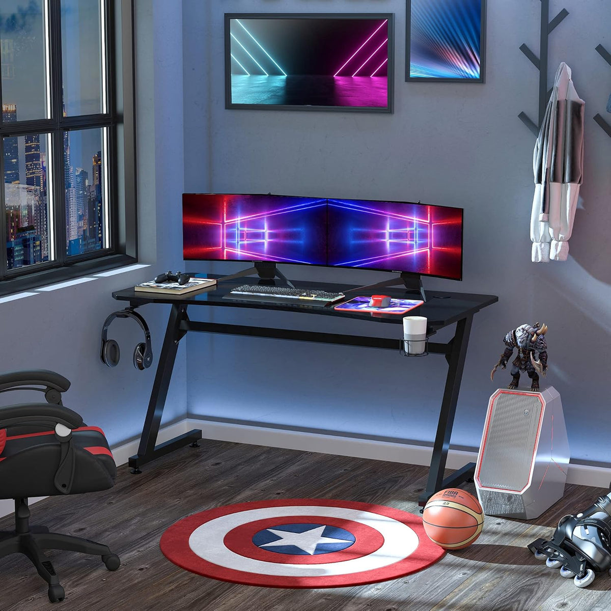 Black Gaming Desk with Cup Holder and Headphone Hook G372