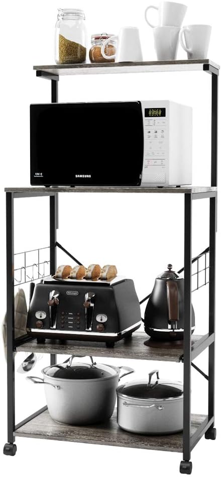 4 Tier Kitchen Utility Storage Shelf Cart on Wheels with Side Hooks (Gray) Q5887