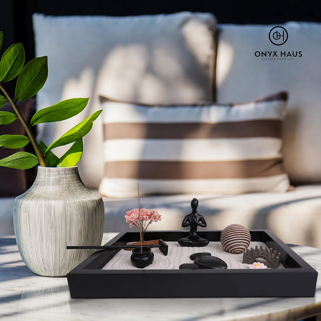 Zen Garden Desk Decor Set with Wooden Tray, White Sands, Rocks, Rake Tools, Pack of 2 M152269