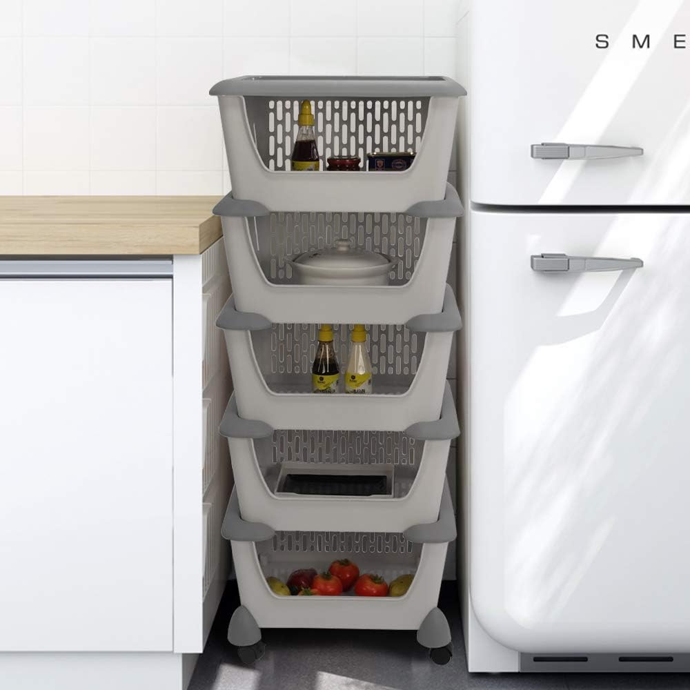 Gray 5 Tiers Stacking Basket with Wheels W680