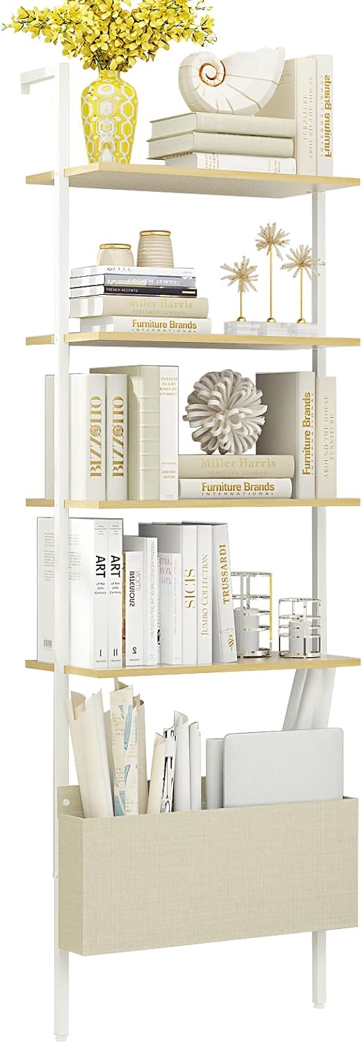Walnut 4-Tier Wood Ladder Bookshelf with Black Metal Frame O18826