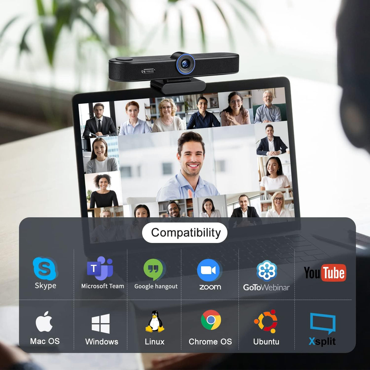 4K Webcam with Microphone and Speaker, 5X Digital Zoom, Privacy Cover, 120° Wide Field View N2086