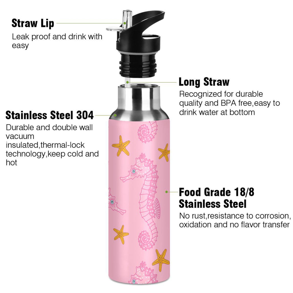Pink Seahorse Starfish Stainless Steel Insulated Water Bottle A5349