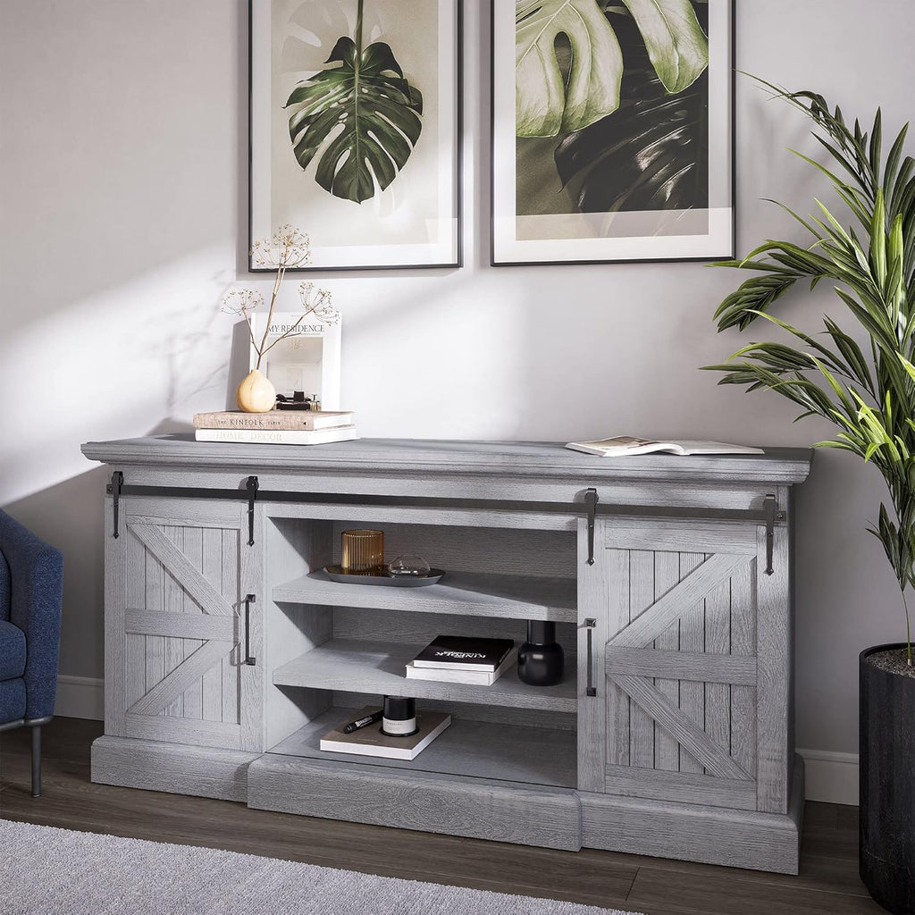 Modern Farmhouse TV Stand with Adjustable Shelves and Barn Doors Y220