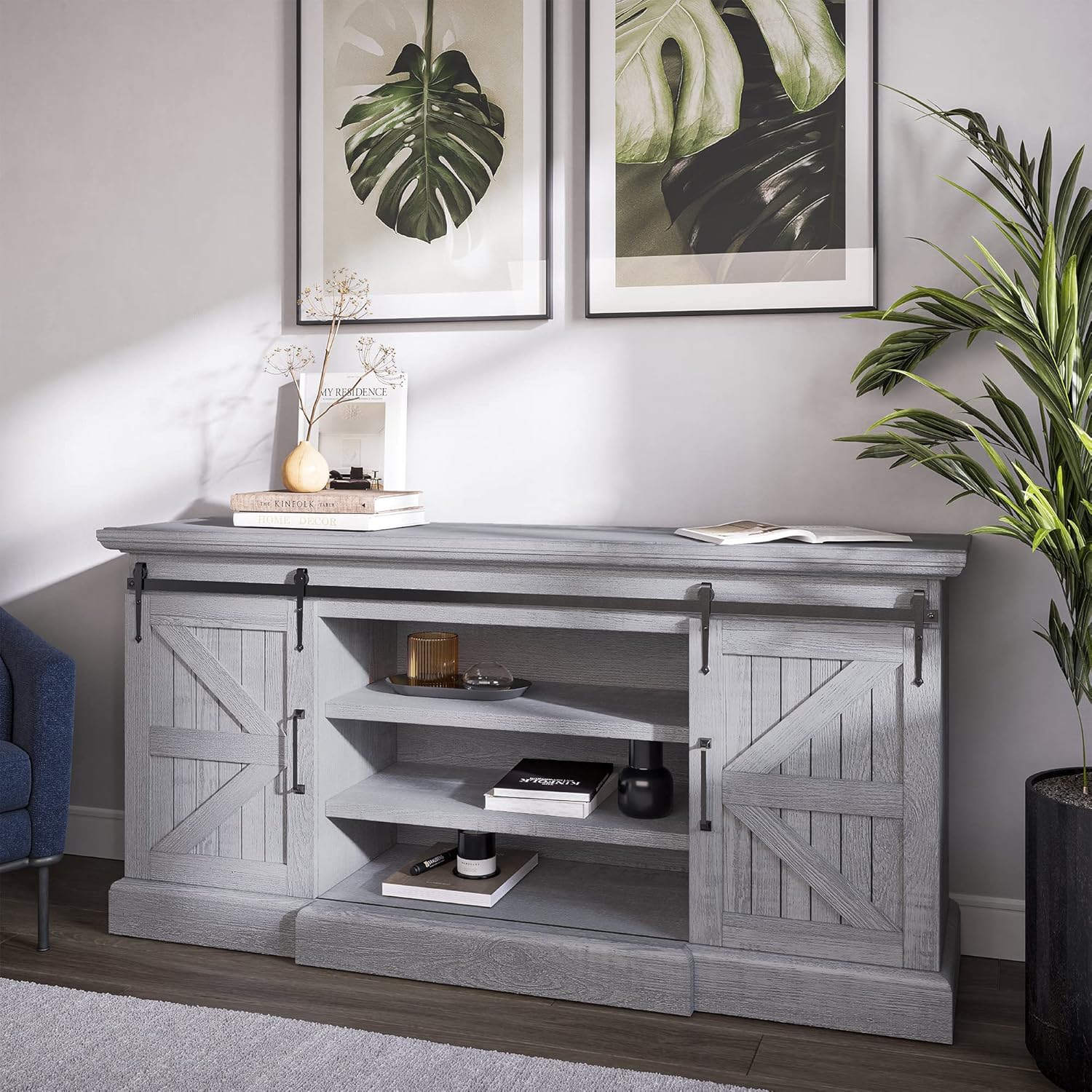 Modern Farmhouse TV Stand with Adjustable Shelves and Barn Doors Y220