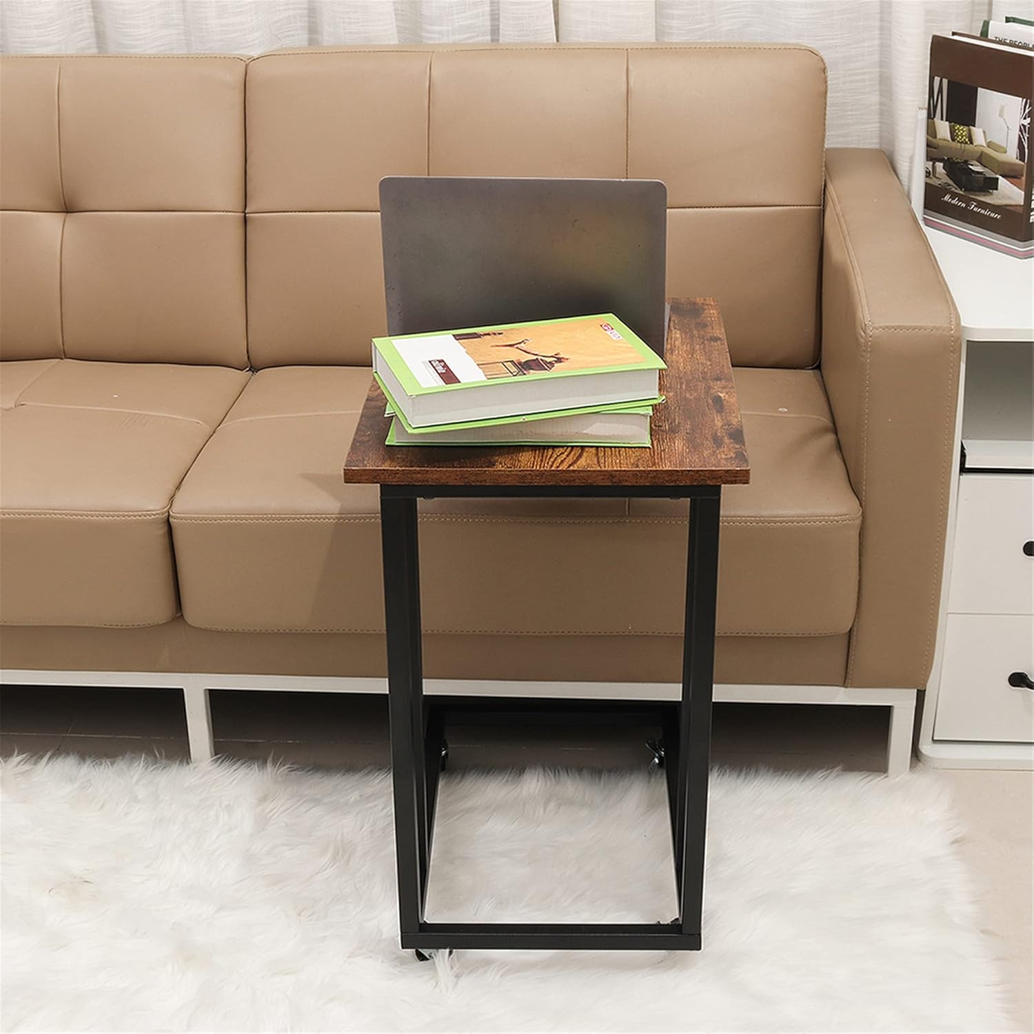 Rustic C Table with Metal Frame and 4 Rolling Casters K6022