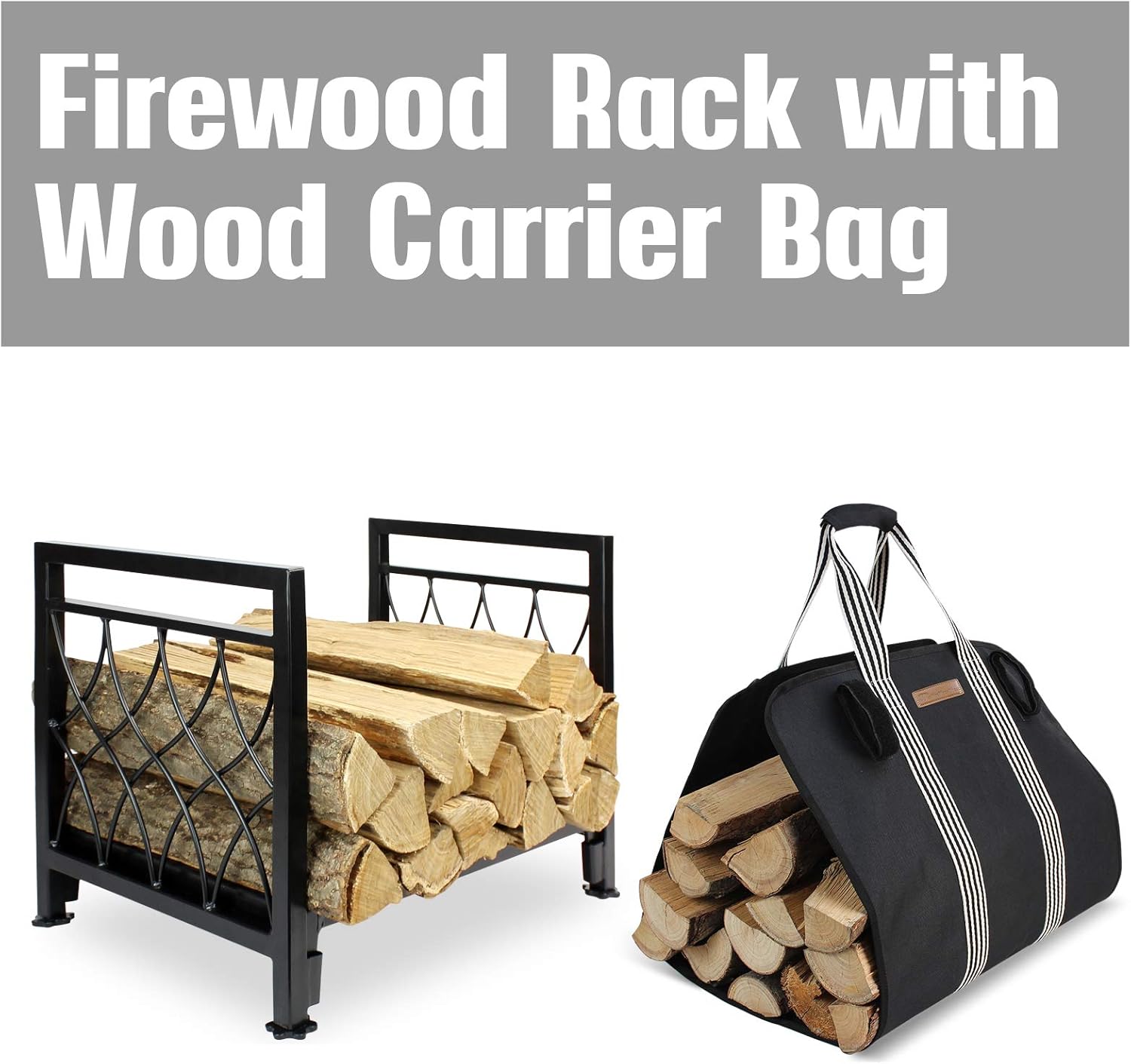 Firewood Rack with Log Bag 19 Inch Steel Wood Storage Rack O31812