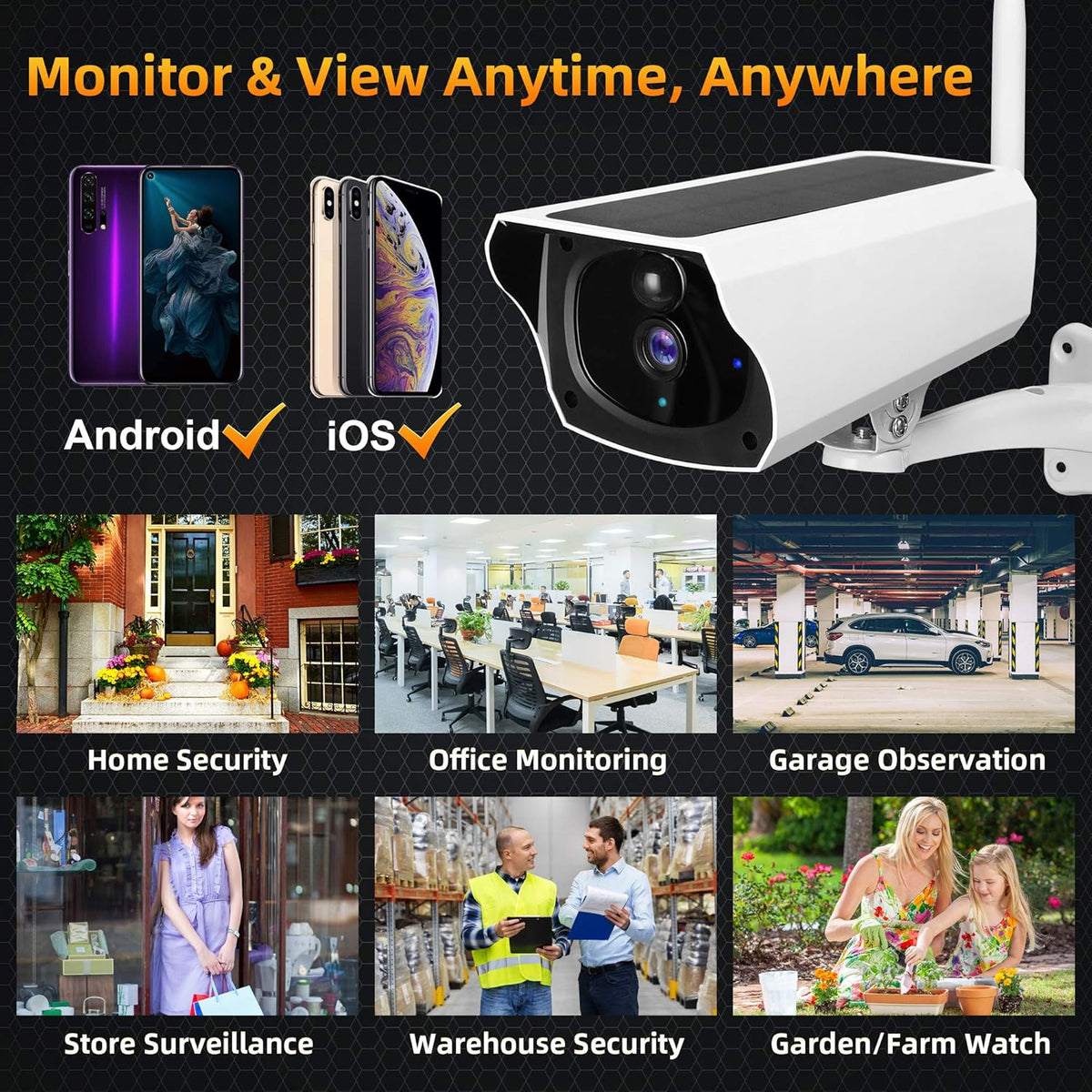 Outdoor Solar Security Camera 1080P HD Wireless WiFi Surveillance Camera with Night Vision, 2-Way Audio, IP67 Waterproof, 64G SD Card S7634