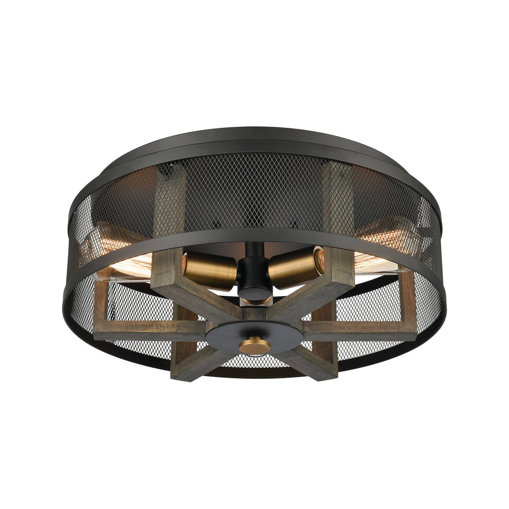 3-Light Flush Mount in Weathered Oak and Aged Brass with Matte Black Metal K99289