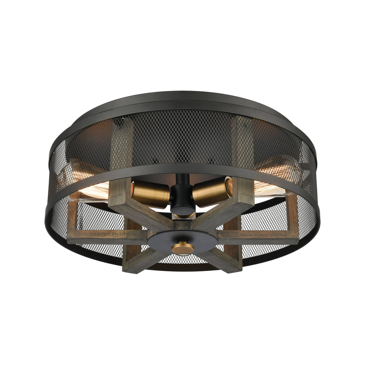 3-Light Flush Mount in Weathered Oak and Aged Brass with Matte Black Metal K99289
