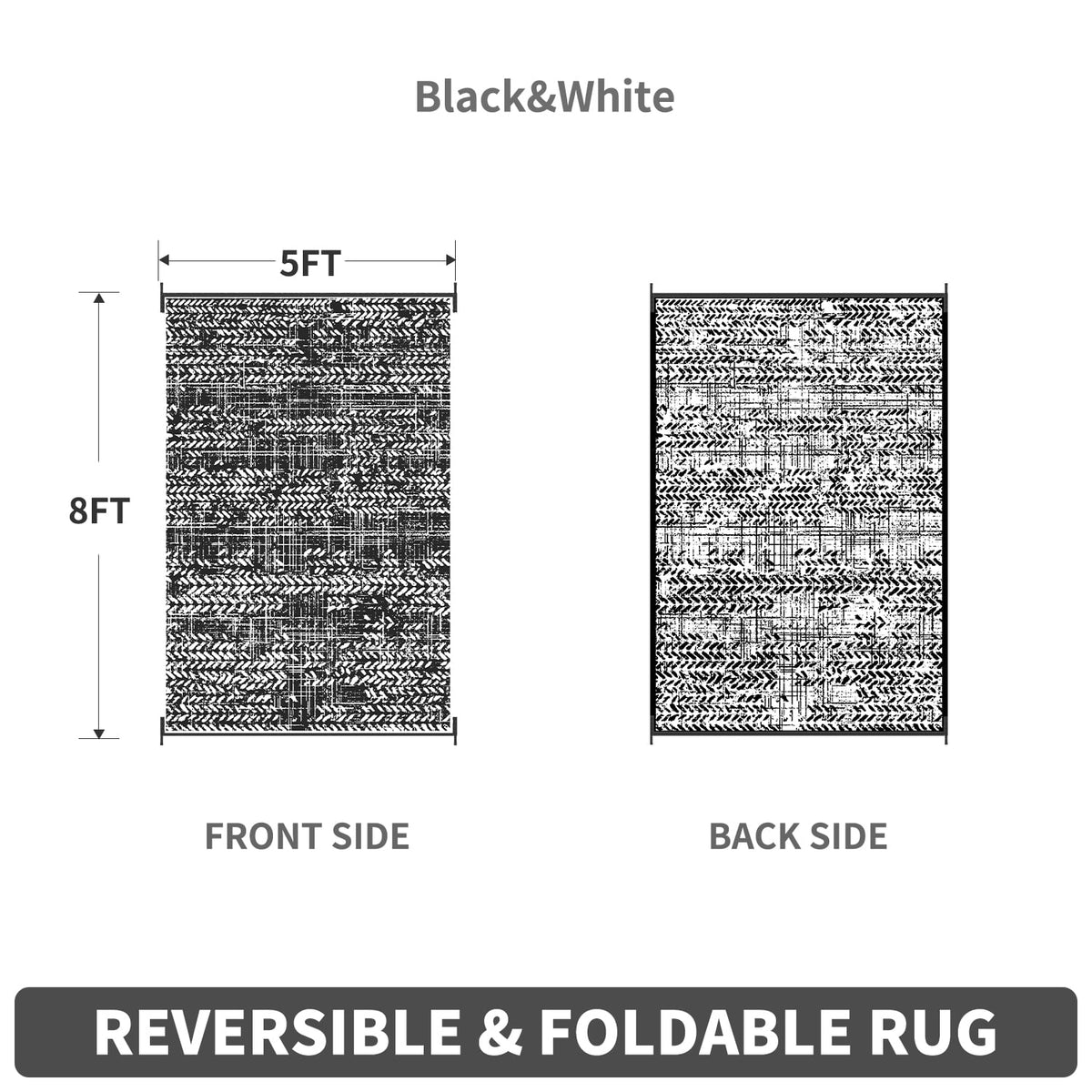 Black and White Waterproof Plastic Straw Reversible Outdoor Rug 5x8 G488