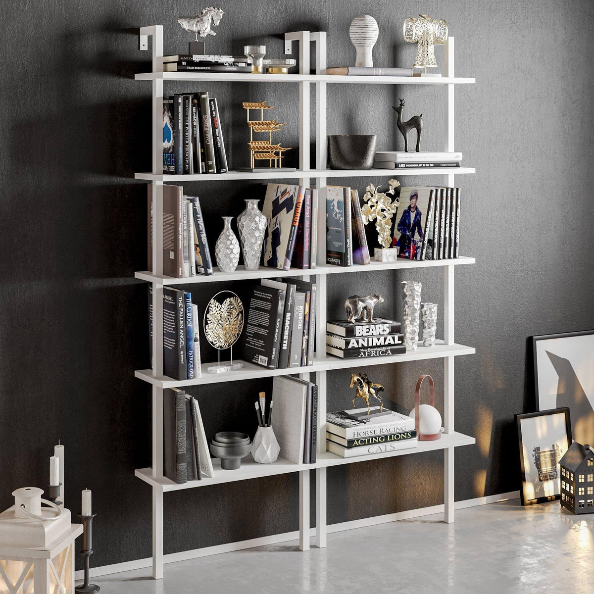 White Metal Wood Accent Ladder Bookcase V446687