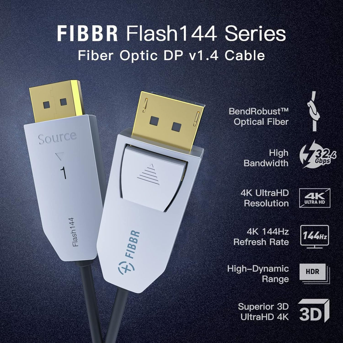 DP Cable 33ft Fiber Optic Displayport 1.4 F6104