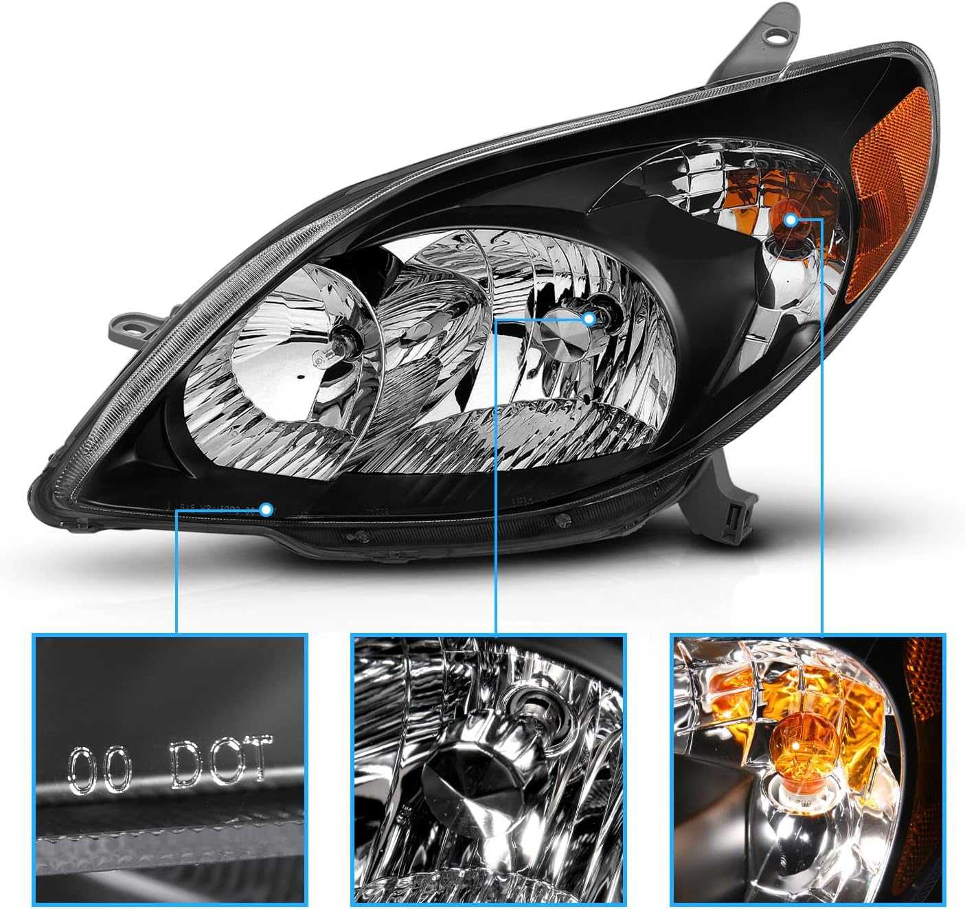 Crystal Headlights Black Amber for Toyota Matrix I36302