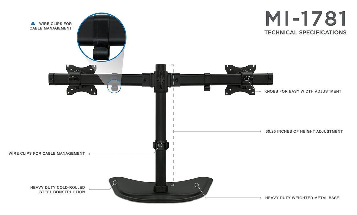 Free Standing Dual Monitor Stand for Two 19-27 Inch Computer Screens D4564