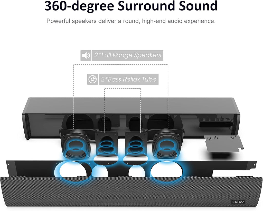 Sound Bar with Built-in Subwoofer, Bluetooth 5.0, 24-Inch E9333