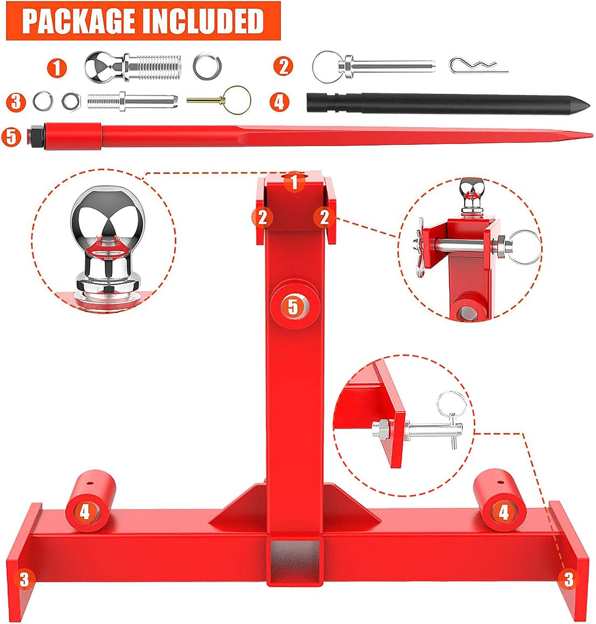 49” Hay Bale Spear 3 Point Trailer Hitch with 2" Receivers for Category 1 Tractors with 2 x 17” Stabilizer Spears 3000lbs Capacity & 1-7/8'' Trailer Ball Gooseneck Drawbar H4678
