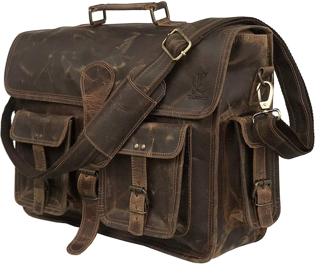Vintage Brown Leather Laptop Messenger Bag Q4688