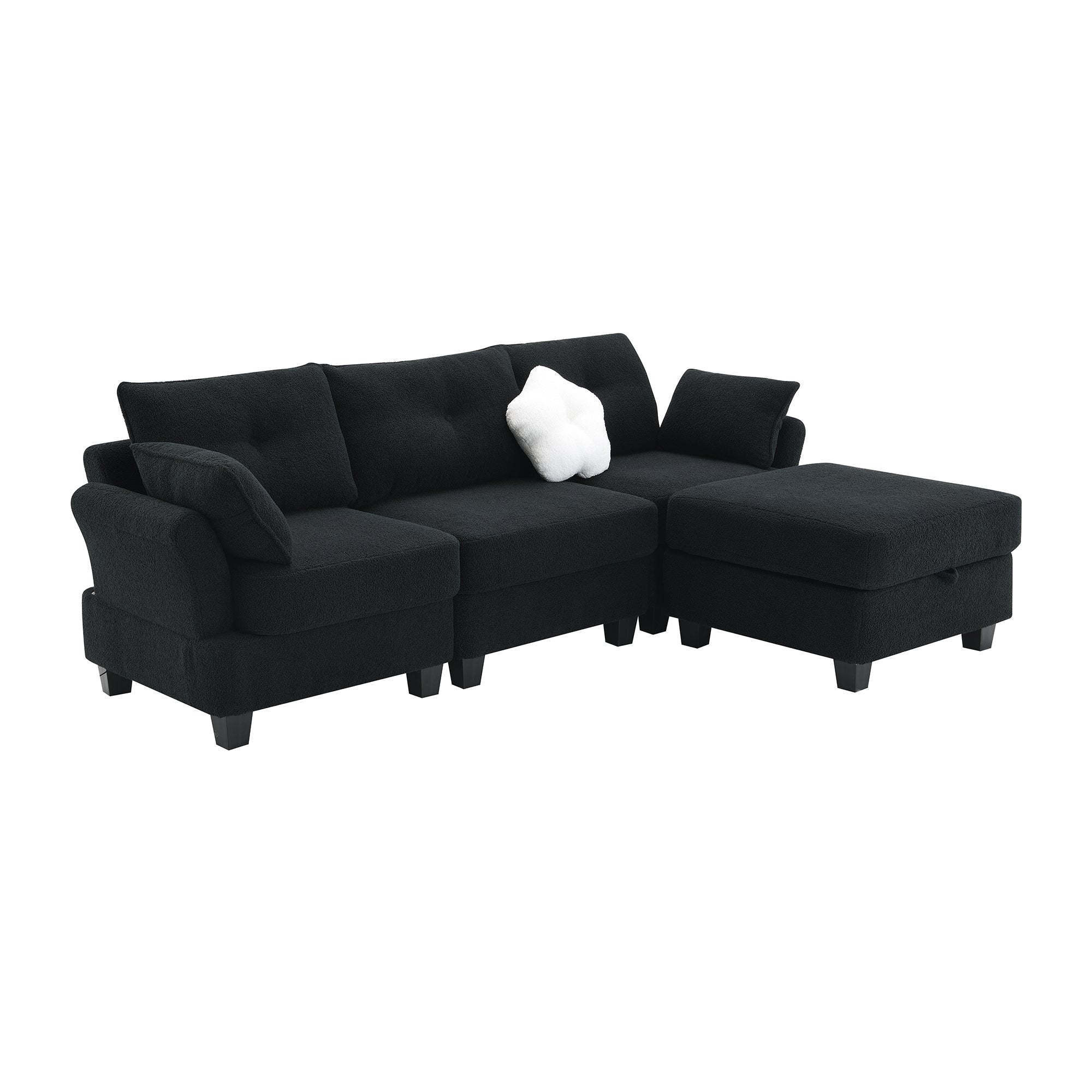 Black Velvet Sectional Sofa with Storage Ottoman O377