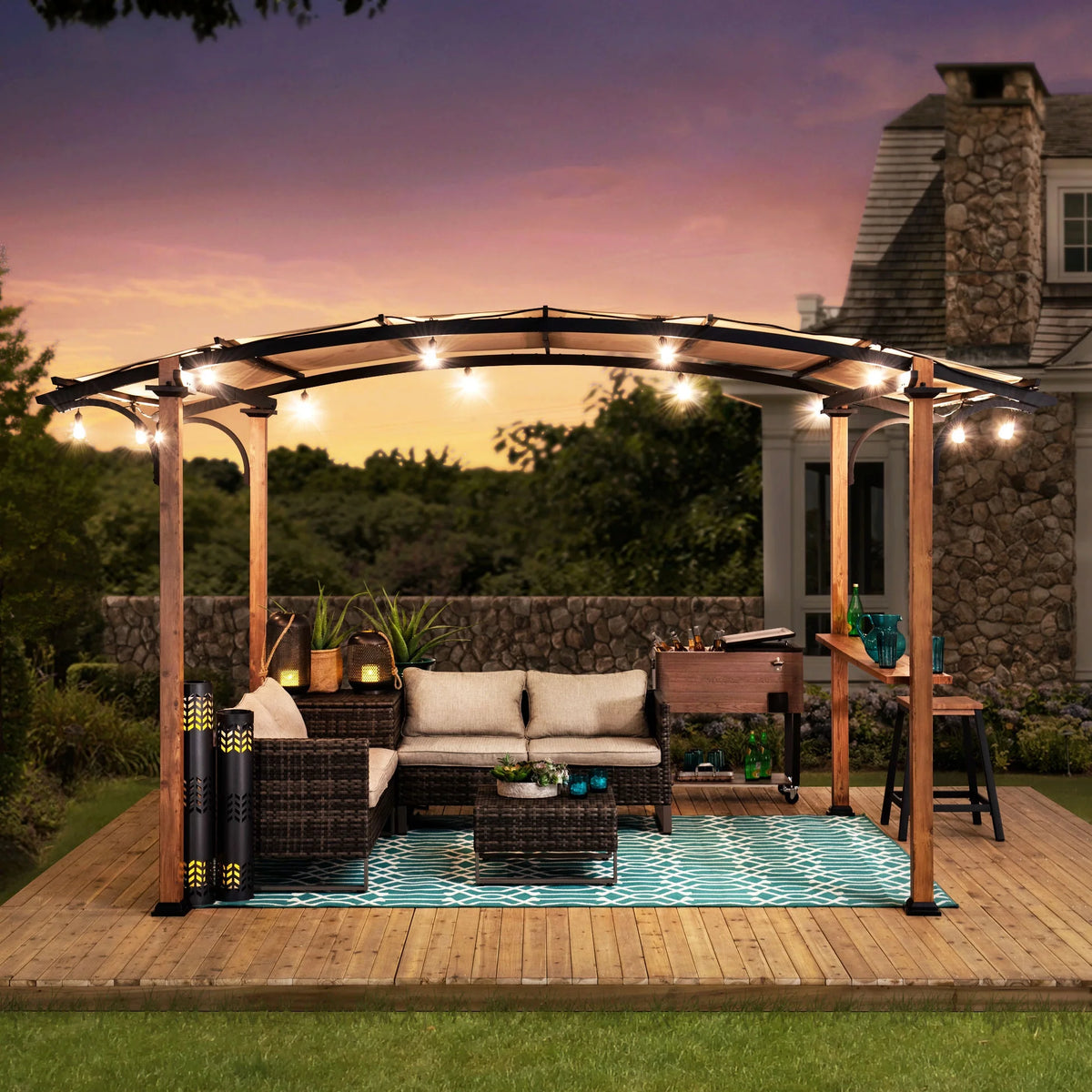 Steel Arched Pergola with Tan Shade S119535