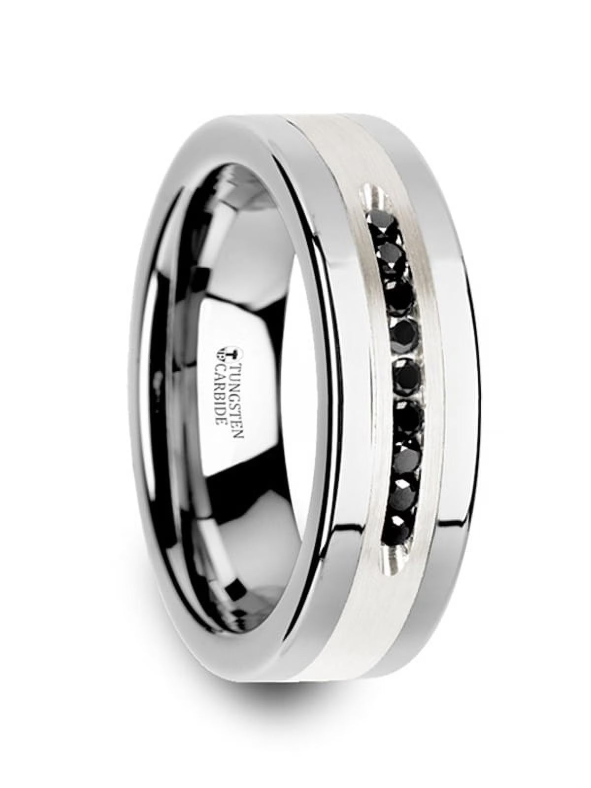 Flat Tungsten Wedding Band with Brushed Silver Inlay and Black Diamonds - 8mm V250789