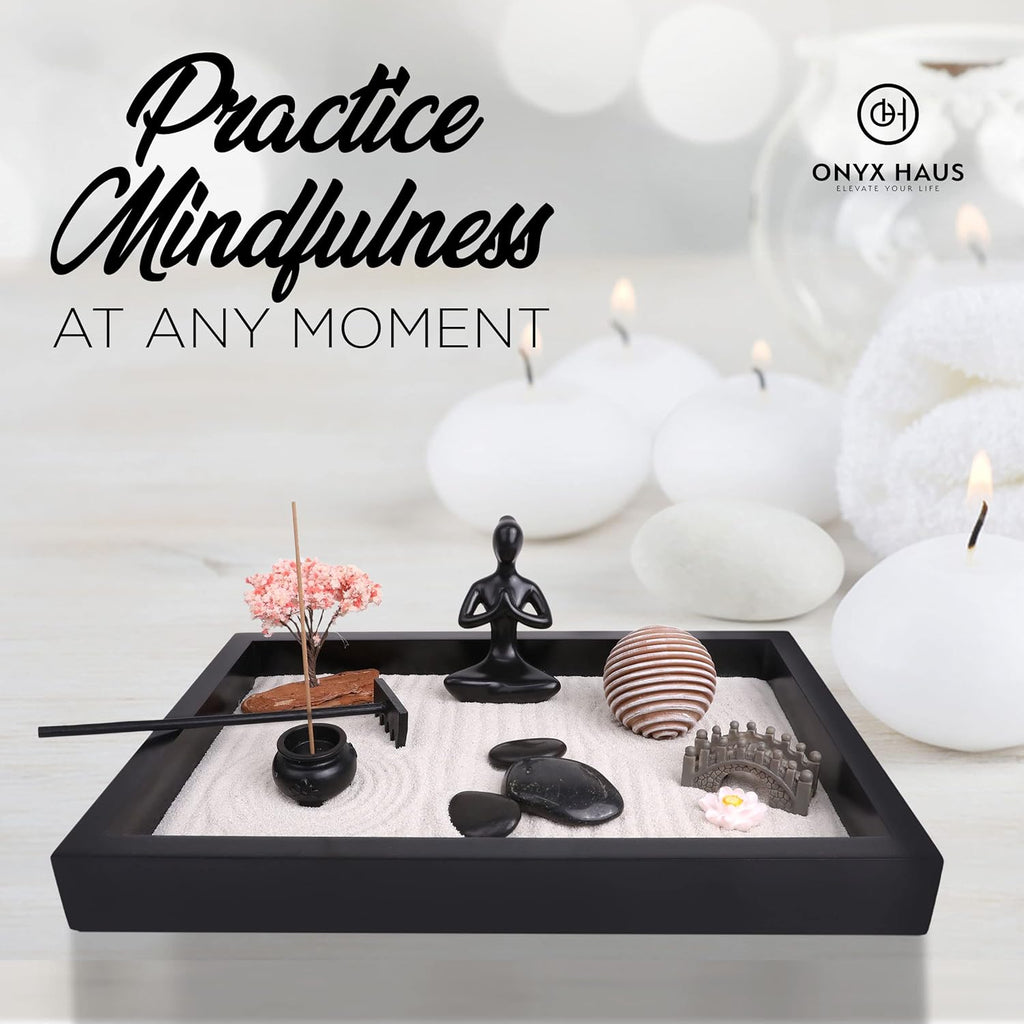 Zen Garden Desk Decor Set with Wooden Tray, White Sands, Rocks, Rake Tools, Pack of 2 M152269