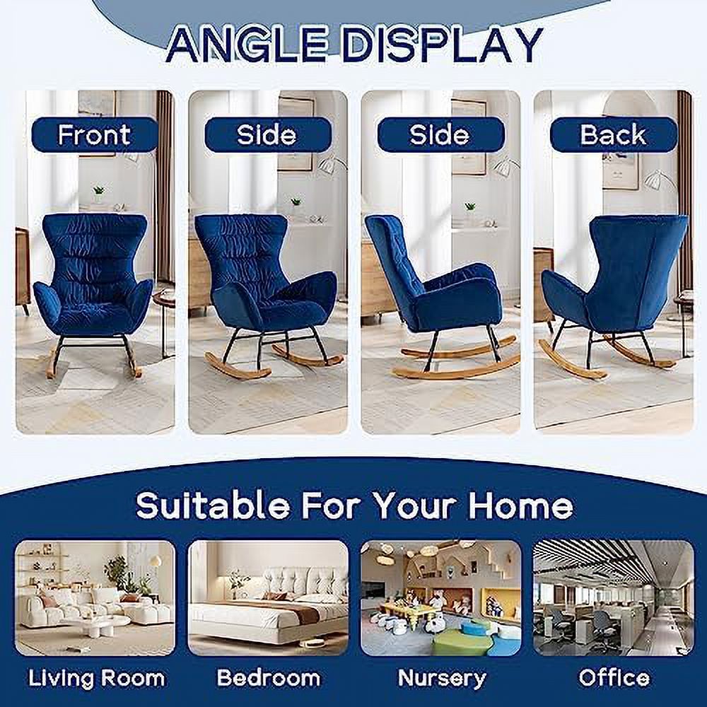 Blue Velvet Upholstered Rocking Chair with High Backrest J22993