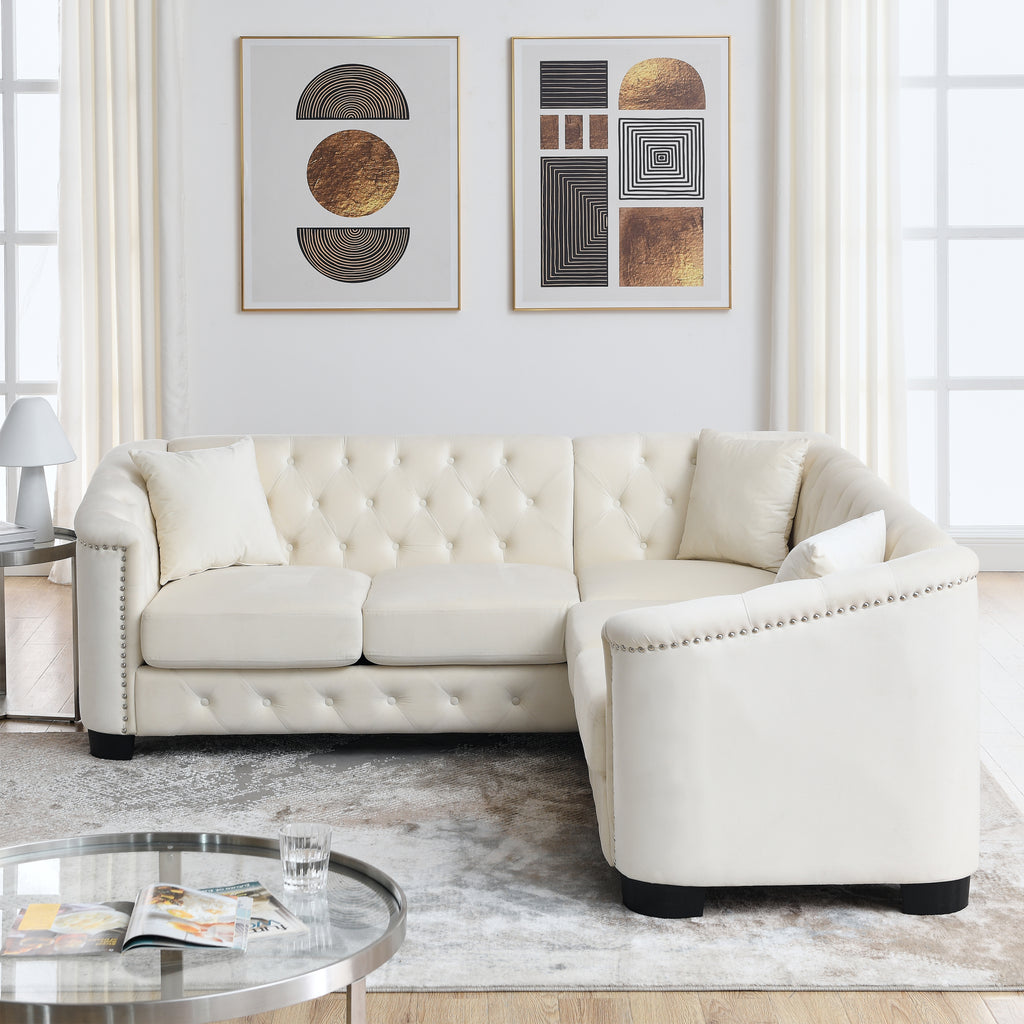 Beige Velvet 5-Seater Corner Sofa with 3 Cushions S4099