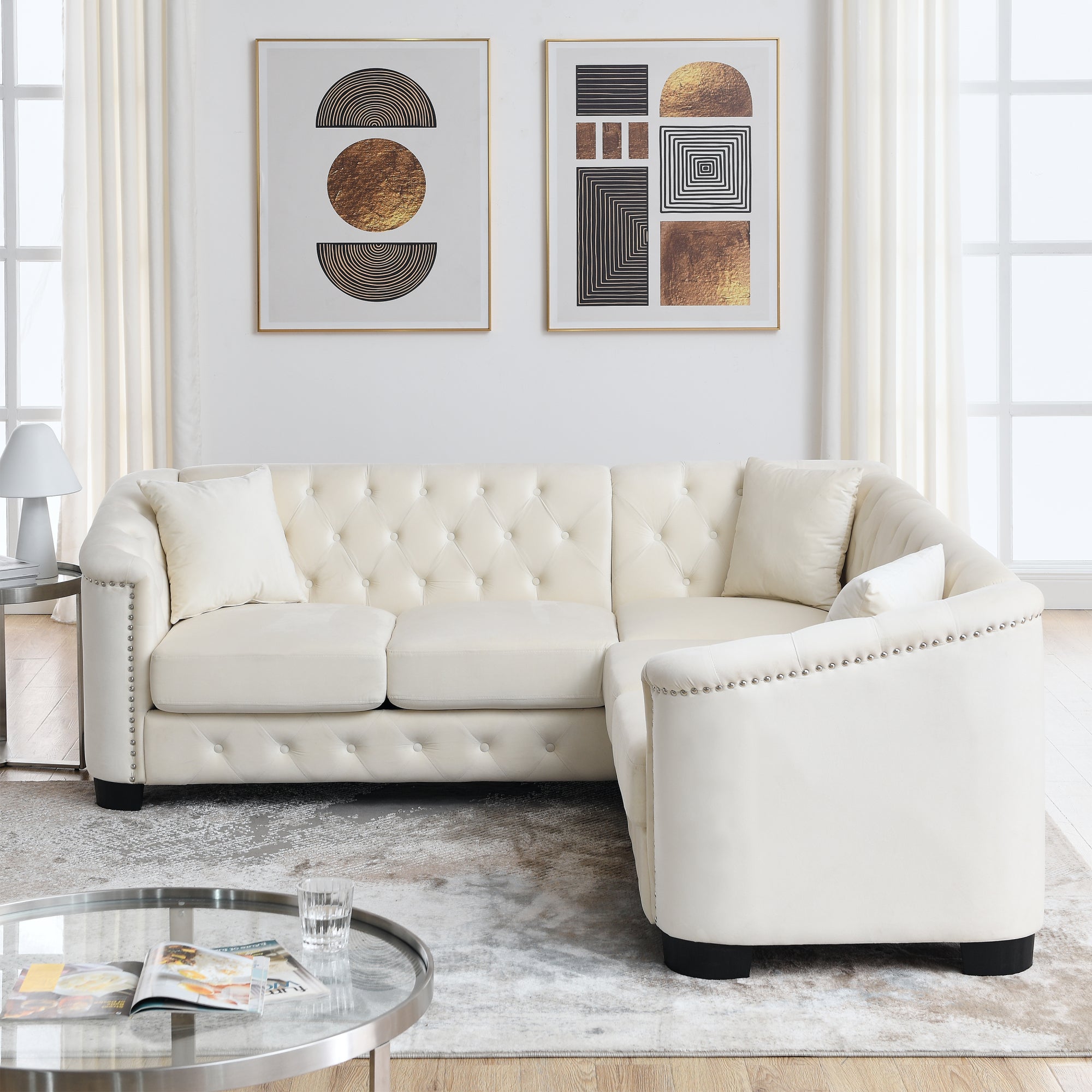 Beige Velvet 5-Seater Corner Sofa with 3 Cushions S4099