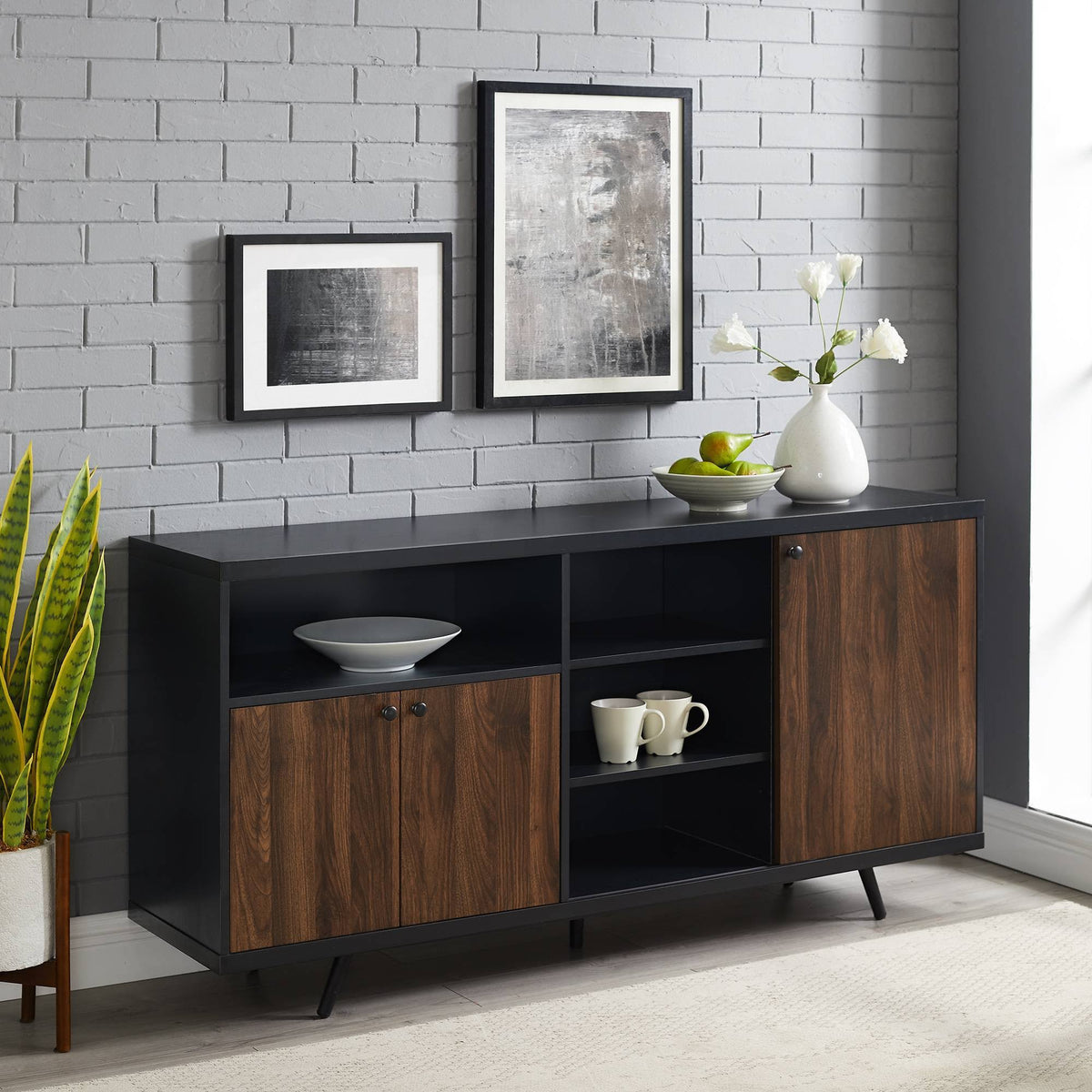 3 Door Two-Tone Sideboard Solid Black/Dark Walnut Y61421