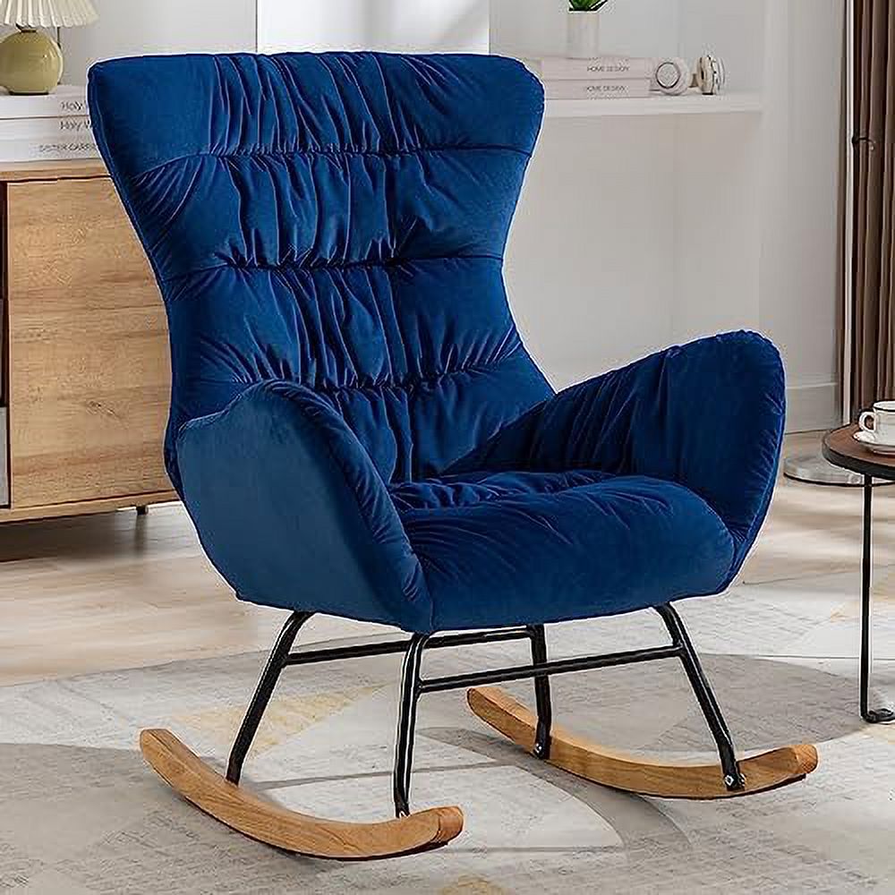 Blue Velvet Upholstered Rocking Chair with High Backrest J22993