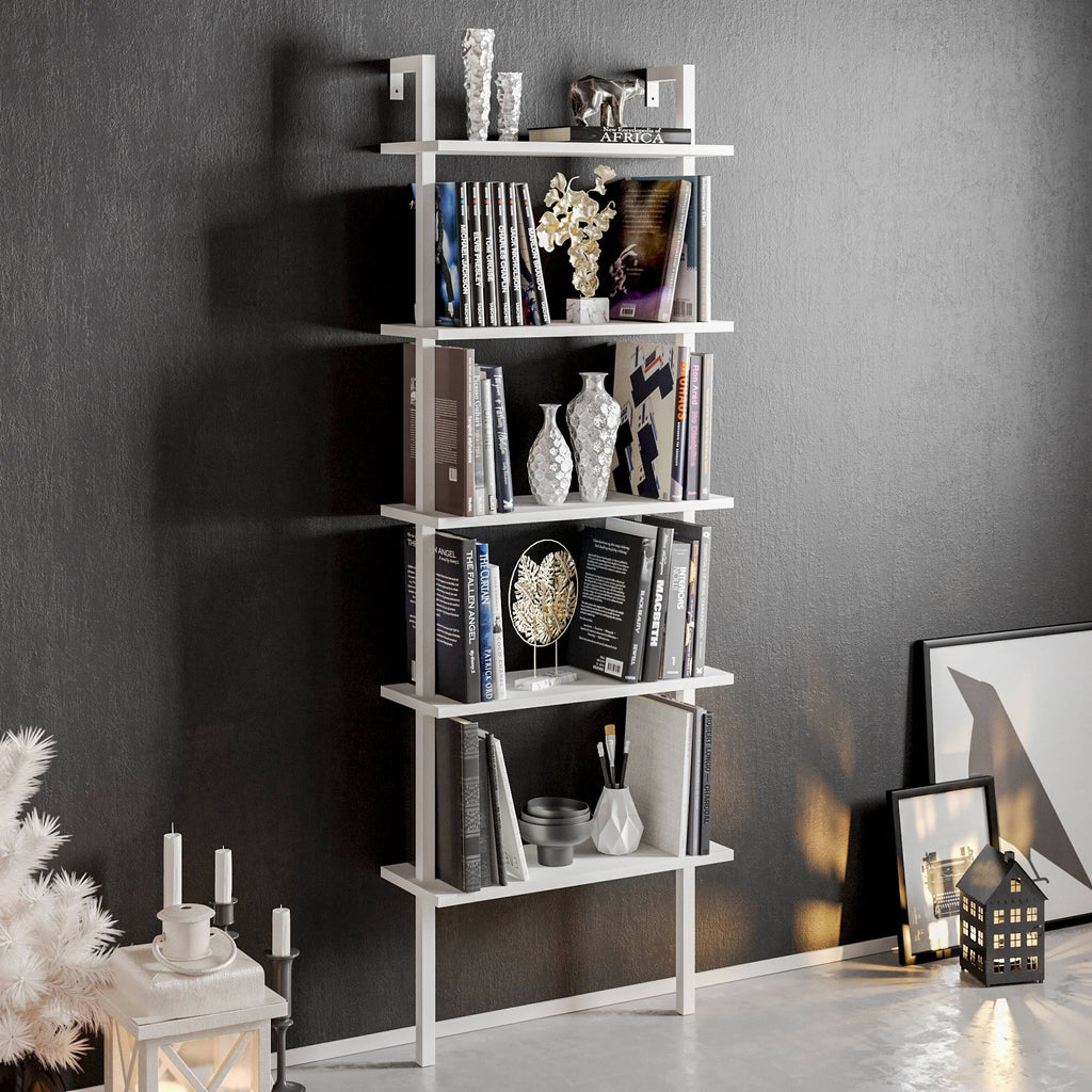 White Metal Wood Accent Ladder Bookcase V446687