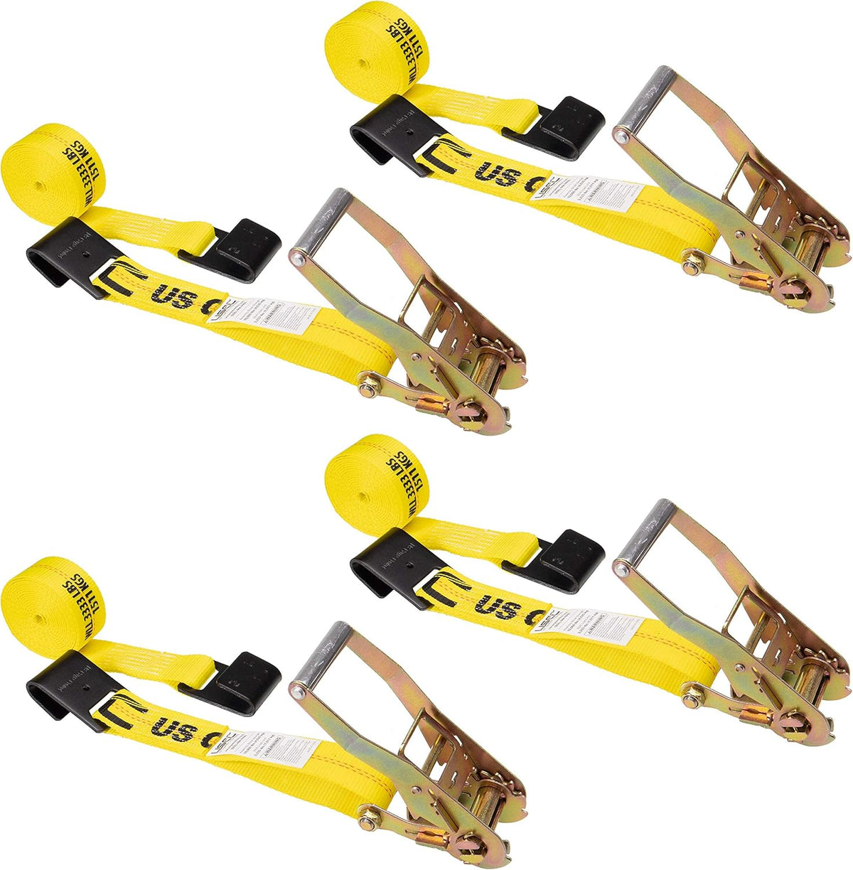 Yellow 2 Inch x 30 Foot Ratchet Straps with Flat Hook, 4 Pack X474246