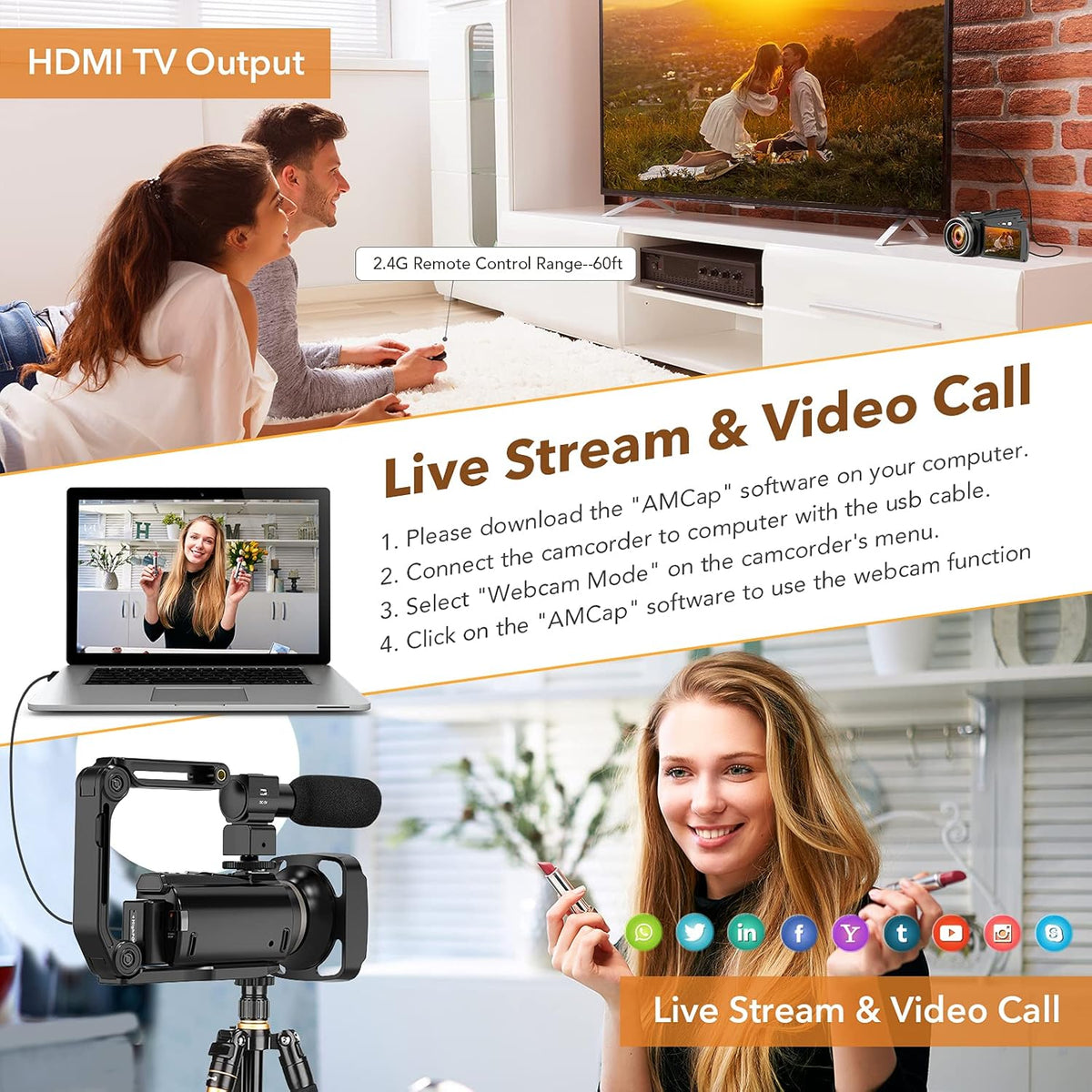 4K 60FPS 48MP Camcorder with Microphone and 2 Batteries F724733