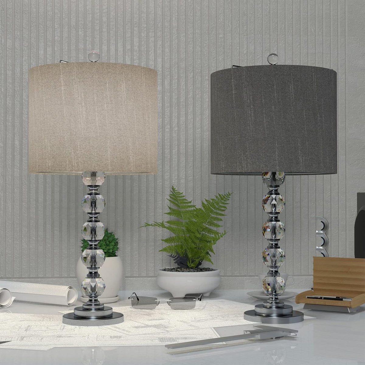 Crystal Linen Drum Shade Table Light Set of 2 B6585