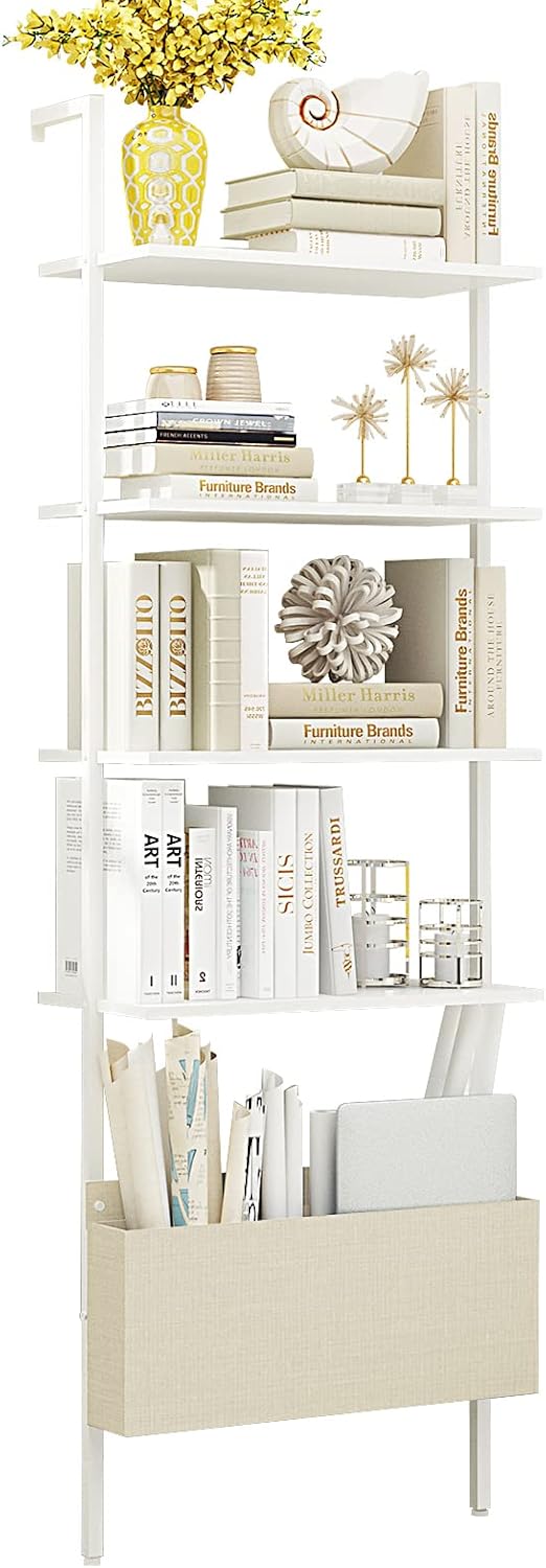 Walnut 4-Tier Wood Ladder Bookshelf with Black Metal Frame O18826