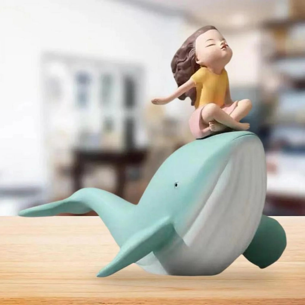 Nordic Girl and Whale Figurine Statue Sculpture I436