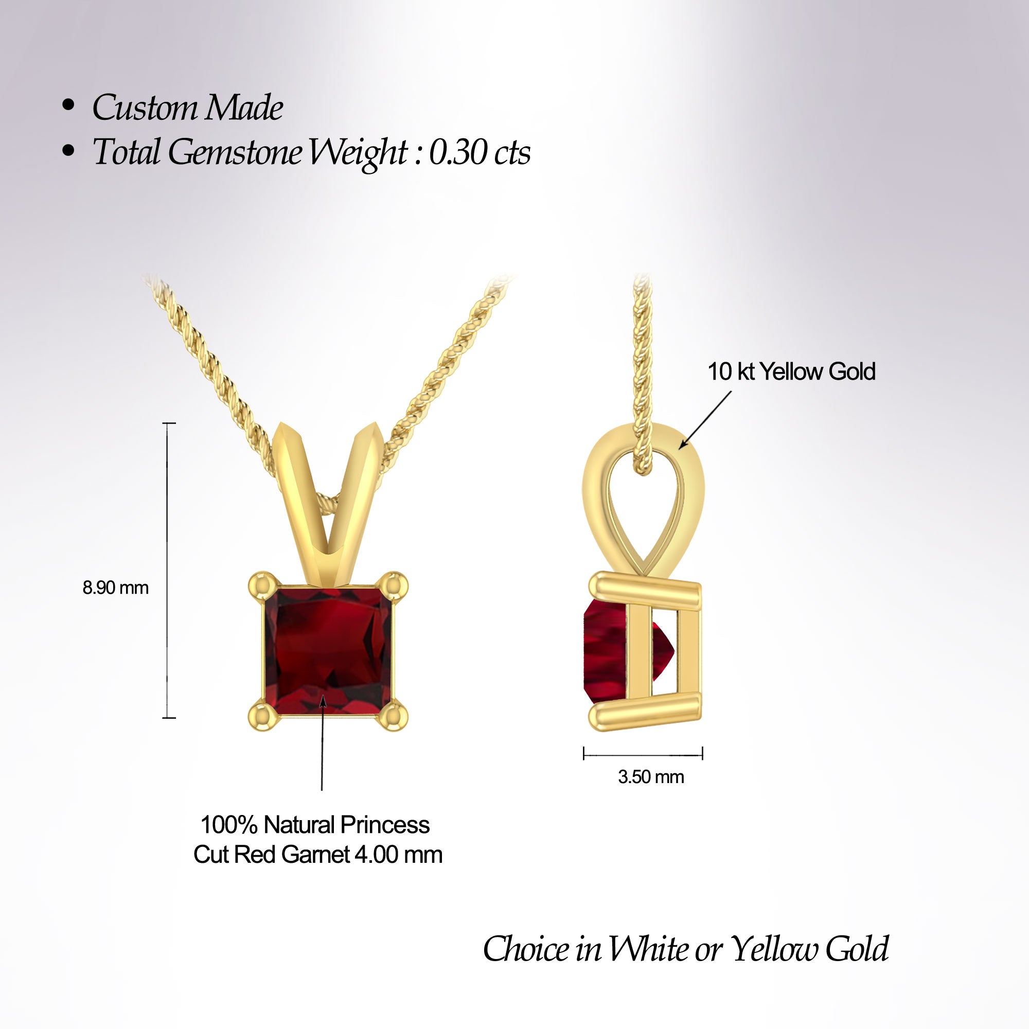 1/3 Carat Princess Shape Garnet 10K Yellow Gold V-bail Solitaire Pendant Necklace H4896
