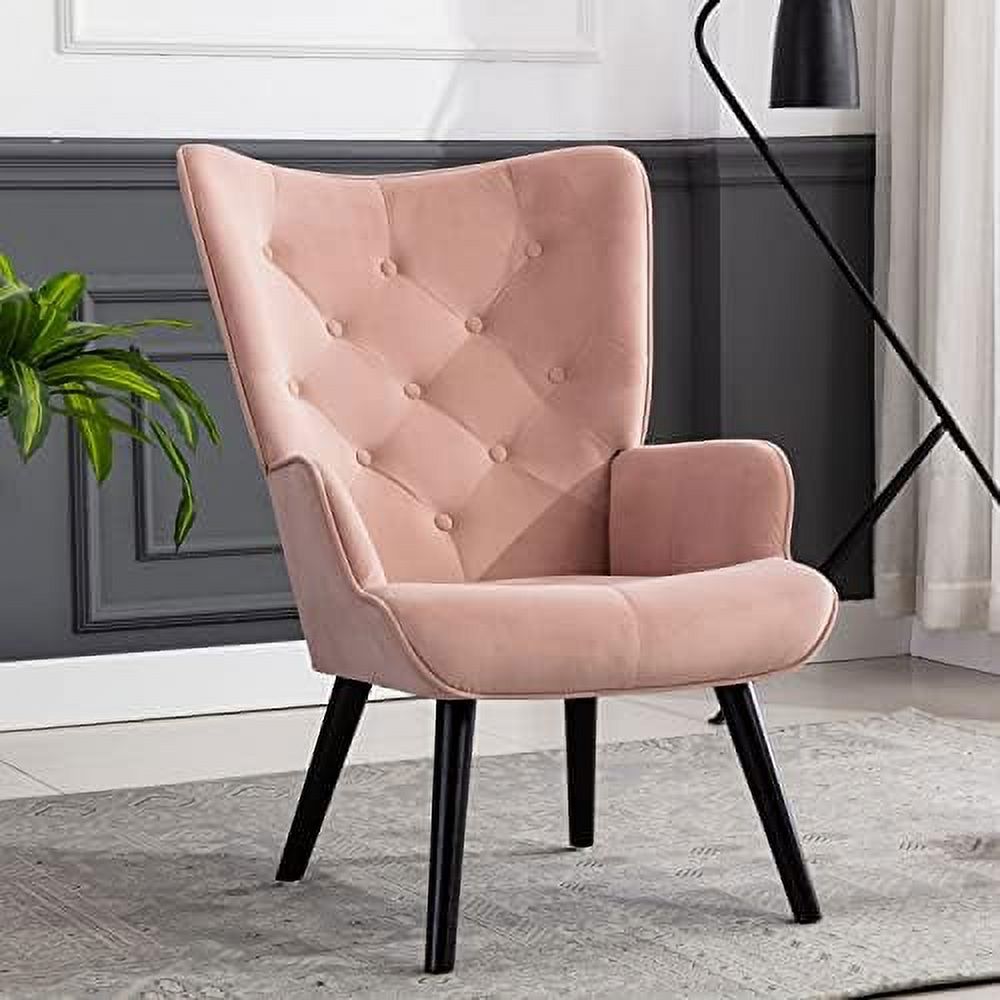 Yellow Velvet Tufted Wingback Chair with Arms Solid Wood Legs U987