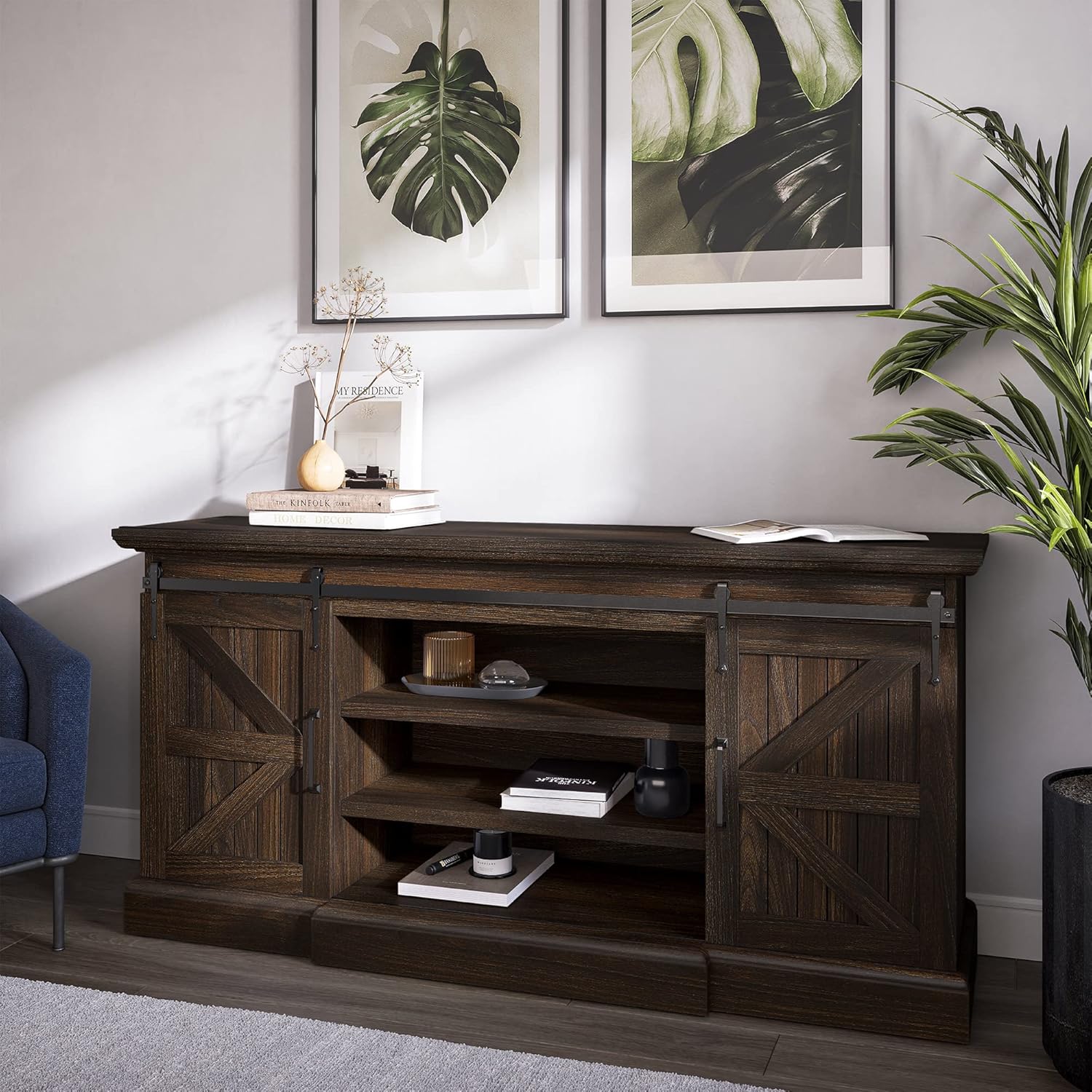 Modern Farmhouse TV Stand with Adjustable Shelves and Barn Doors Y220