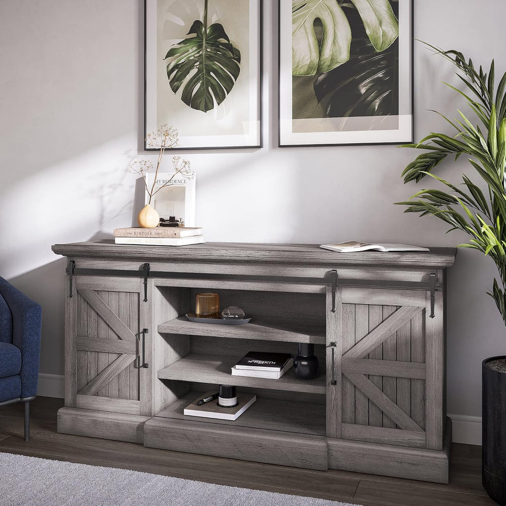 Modern Farmhouse TV Stand with Adjustable Shelves and Barn Doors Y220