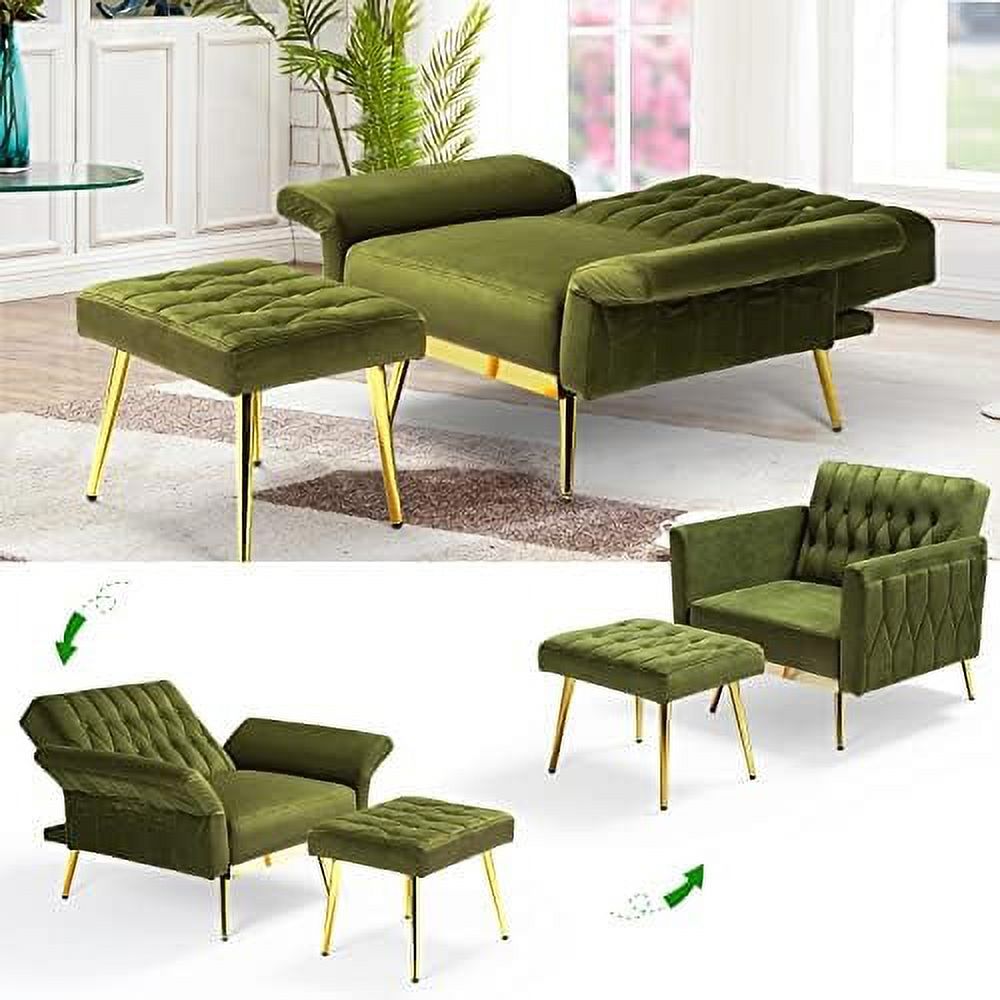 Olive Green Velvet Single Recliner Armchair with Ottoman and Pillow G903867