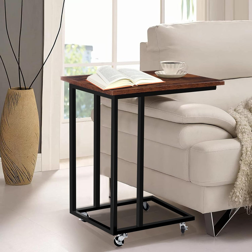 Rustic C Table with Metal Frame and 4 Rolling Casters K6022