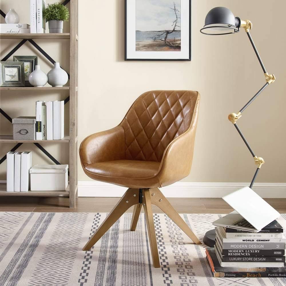 Camel Faux Leather Swivel Accent Arm Chair with Wood Legs C5085