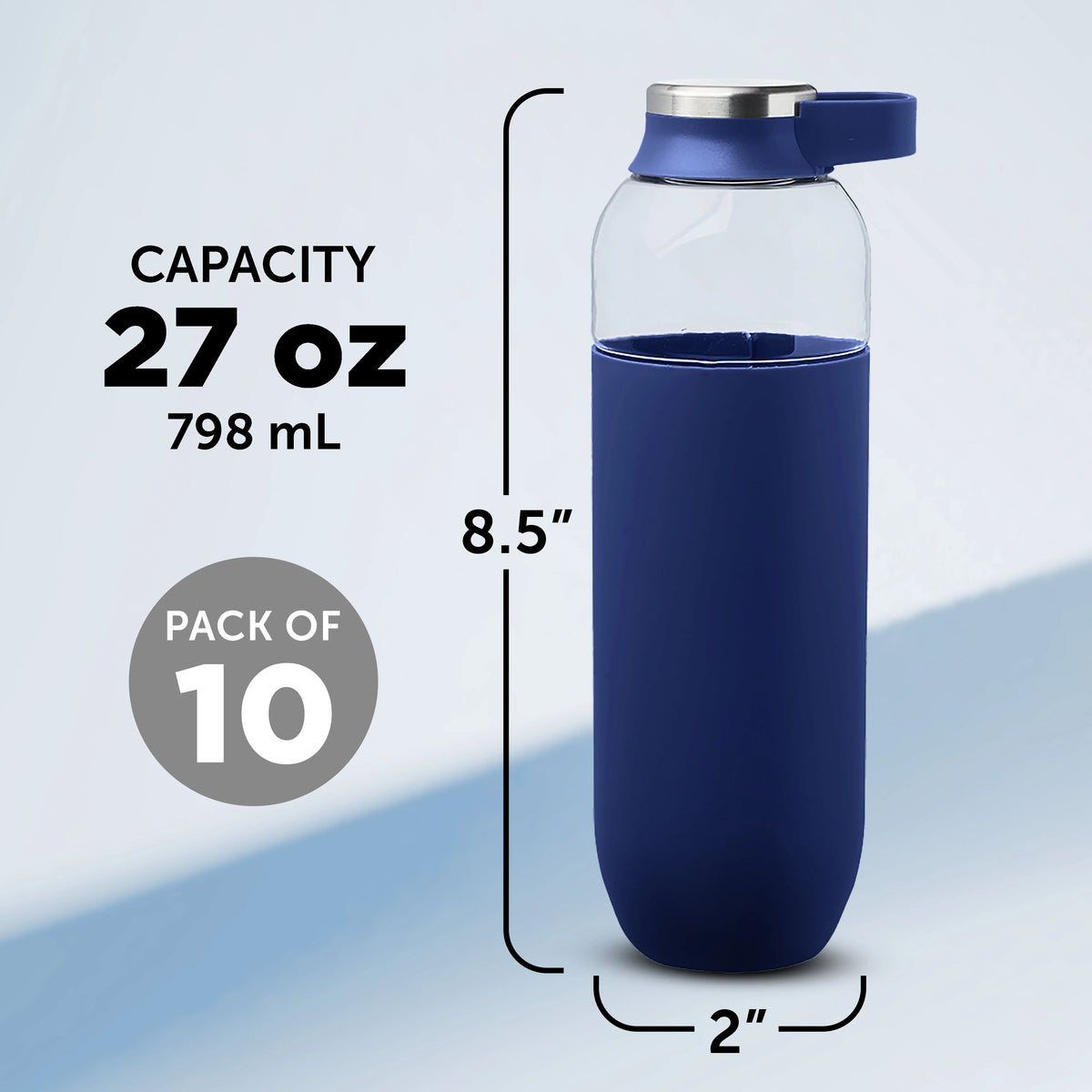 Navy Blue Plastic Water Bottles with Carrier Handle, 27 oz, Set of 10 H913297